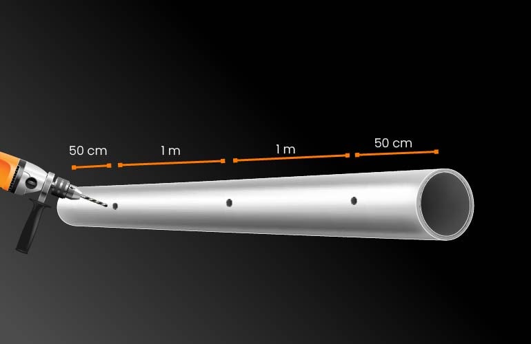 Diagrama donde se ven las perforaciones realizadas al tubo de las barandas para escaleras de acero inoxidable