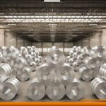 Vista frontal de rollos de distintos tipos de lámina de acero inoxidable apilados uno sobre otro al interior de una bodega industrial