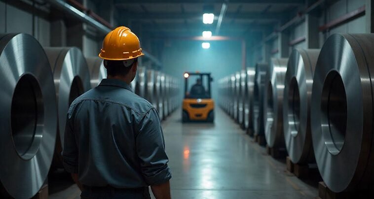 trabajador en bodega de acero